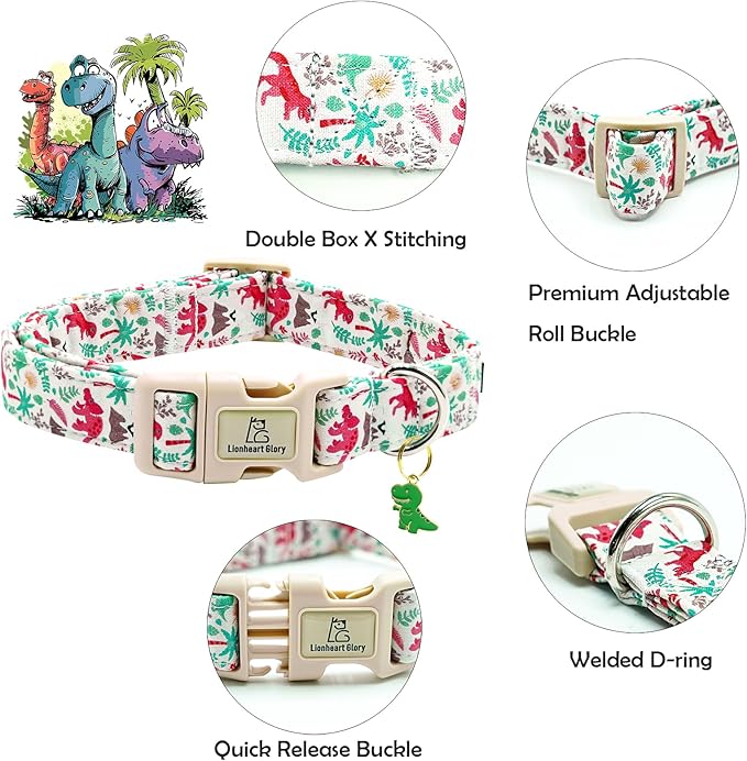 Lionheart glory Dog Collar, Dinosaurs Print Dogs Collar Adjustable Soft Comfortable Collars for Small Dogs Girl or Boy Pet Gift Cute Spring Summer Collar