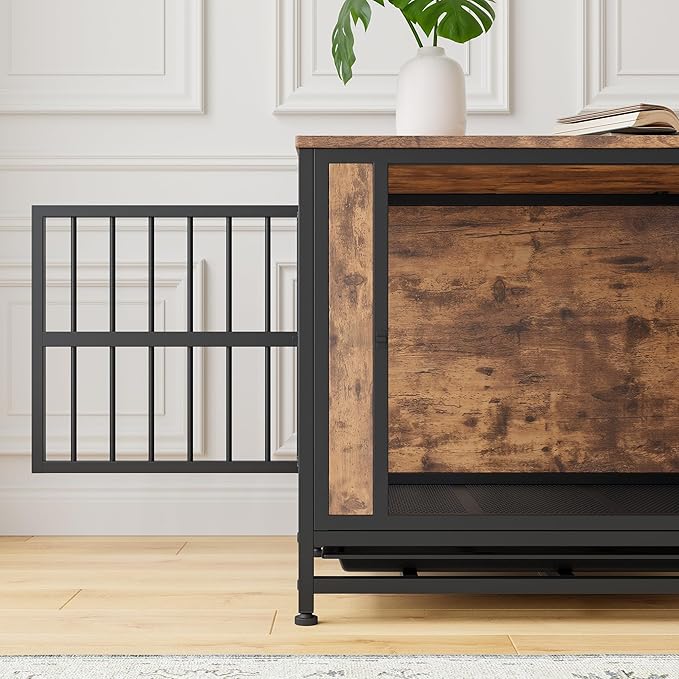 Ball & Cast 27.48" Wooden Dog Kennel with 2 Sliding Doors,Decorative Pet Crate Furniture with Pull-Out Tray,Thick Iron Frame Indoor Dog Cage for Small Dogs,Easy Assembly,Rustic Brown