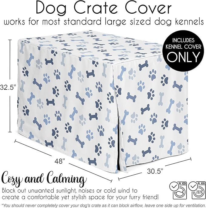 Sweet Jojo Designs 48in. Large Dog Crate Cover (Bones and Paw Prints) for Boys Pet Cage, Kennel Covers (Modern, Cartoon, Doggy, Puppy, Neutral, Paws Print, Whimsical, Playful, Slate Navy Blue)