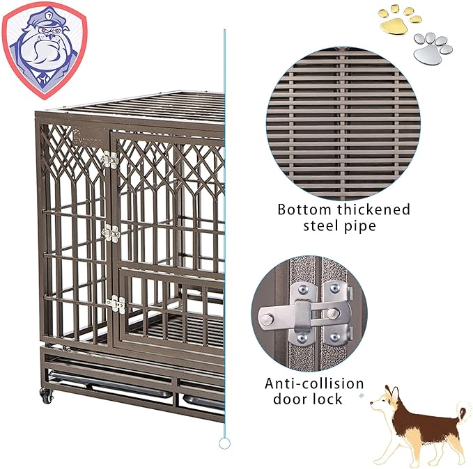SMONTER Heavy Duty Dog Cage for Large Dog Strong Metal Kennel and Crate Pet Playpen with Three Doors, Four Wheels,42 Inch,Y Shape,Brown … … …