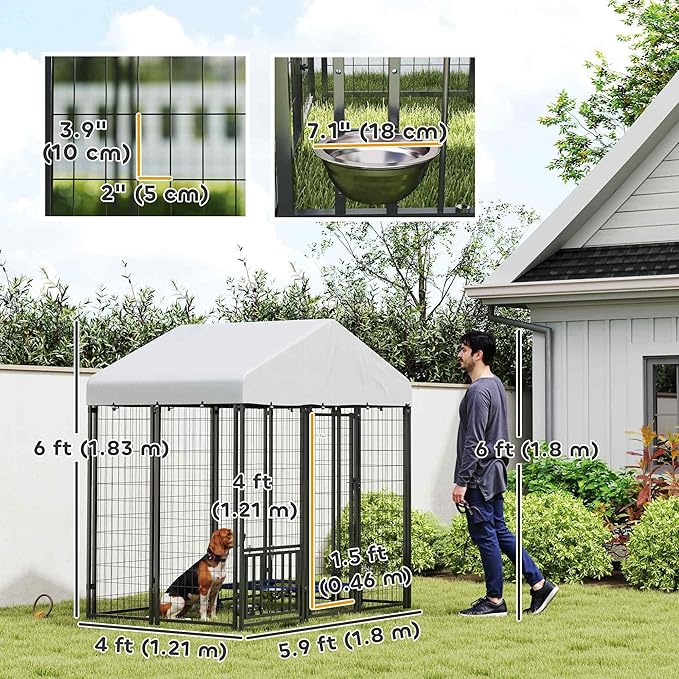 PawHut 5.9' x 4' x 6' Outdoor Dog Kennel, Welded Wire Heavy Duty Dog Run with 360° Rotating & 4 Level Adjustable Bowls, Dog Kennel Outside with Waterproof & UV Resistant Cover, for S&M Dogs