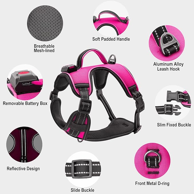 Light Up Dog Harness No-Pull LED Dog Harness with Handle Rechargeable Lighted Dog Vest Harness Dog Harness for X-Small/Small/Medium/Large/X-Large Size (Pink, L)