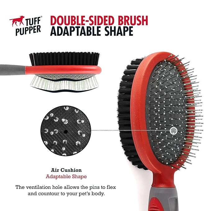 Tuff Pupper Double Sided Dog Brush, Detangling Tool for Dogs and Cats, Pin & Bristle Pet Brush, for and Hair Types, With Comfort-Grip Anti-Slip Handle, Brown, Black, White