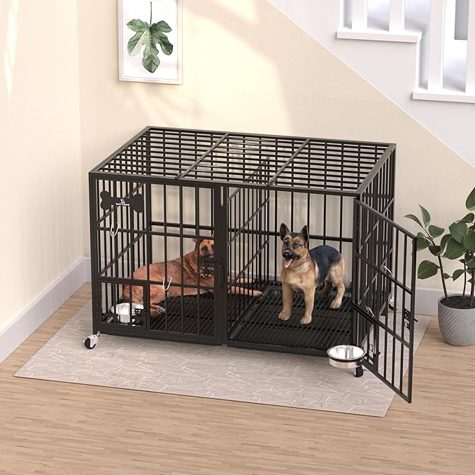 Dosker 54 inch XL Dog Crate for Large Dog/Double Medium Dogs,Heavy Duty Metal Dog Cages,All Metal Open Top Stackable,Dog Kennel Indoor with Wheels,Floor Grid, Tray, Divider and Feeding Bowl