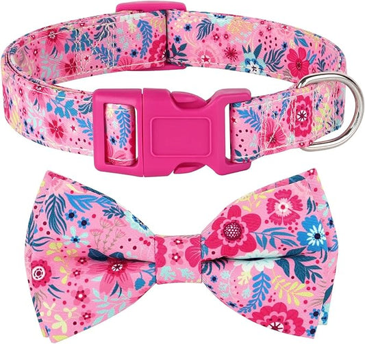Didog Floral Dog Collar with Bow, Cute Girl Dog Collars with Detachable Bowtie, Soft & Comfy Spring Summer Dog Collar for Small Medium Large Dogs Gift Holiday, Hot Pink, M