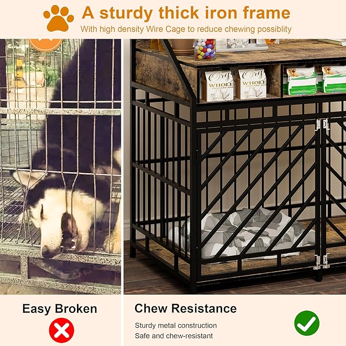 KEIKI 43" Large Dog Crate End Table, Wooden Heavy Duty Crate with Divider, Rustic Brown Indoor Furniture for Large Dogs (43.3" L x 27.6" W x 42.5" H)