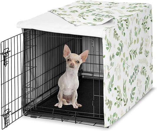 Sweet Jojo Designs Green Boho Floral Leaf Dog Crate Cover – Kennel Covers for 24 Inch Pet Cage Small - Neutral Sage White Bohemian Watercolor Botanical Flower Woodland Tropical Garden Nature