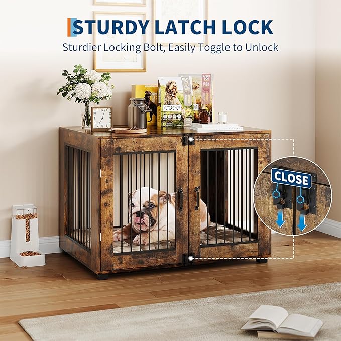 42.1" Dog Crate Furniture, Lockable Double Door Wooden Pet Crate for Indoor Use, Stylish Pet Crate End Table for Small/Large/Medium Dogs, Decorative Pet House, Functional Chic Puppy Crate Furniture