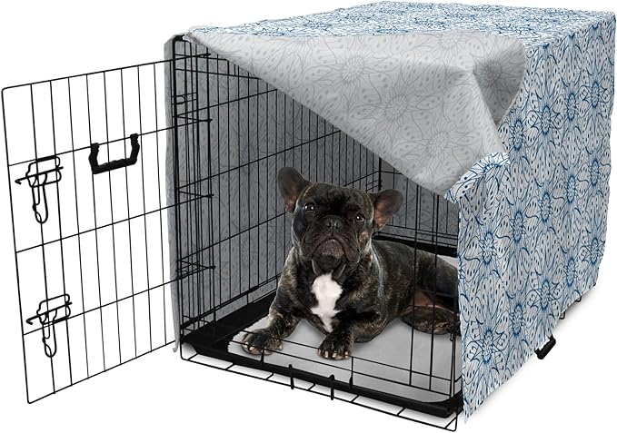 Ambesonne Blue and White Dog Crate Cover, Dutch Tile Design with Large Flowers and Detailed Petals Antique Ethnic, Easy to Use Pet Kennel Cover for Cats & Medium Dogs, 30 Inch, White Blue