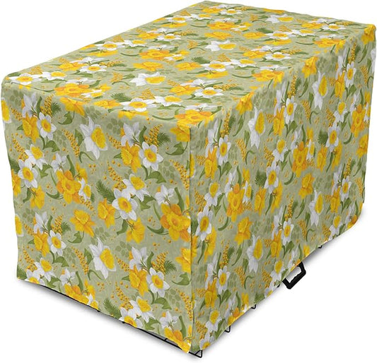 Lunarable Daffodil Dog Crate Cover, Vintage Inspirations Floral Arrangement Pattern Romantic Bouquet Nature, Easy to Use Pet Kennel Cover for Cats & Medium Dogs, 24 Inch, Green Marigold White