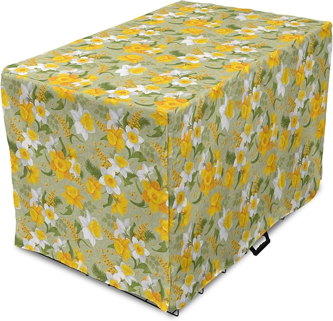 Lunarable Daffodil Dog Crate Cover, Vintage Inspirations Floral Arrangement Pattern Romantic Bouquet Nature, Easy to Use Pet Kennel Cover for Small Dogs Puppies Kittens, 22 Inch, Green Marigold White