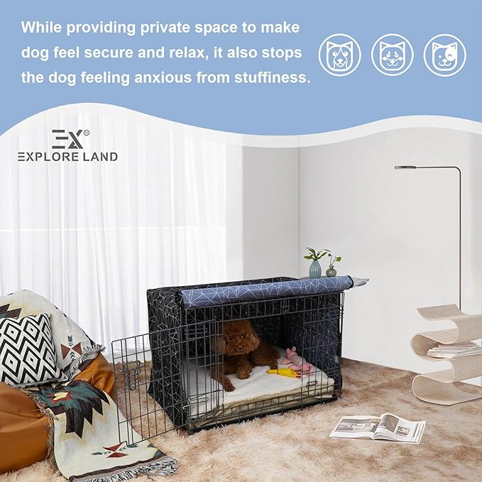 Explore Land Pattern Dog Crate Cover for 24 Inches Wire Cage, Heavy-Duty Polyester 1 2 3 Doors Standard Metal Pet Kennel Enclosure (Brief Polygonal)