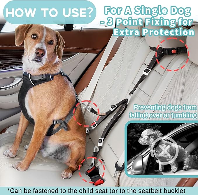 3-in-1 Multi-Functional Dog seat Belt - Dog Car Safety Leash with Advanced Protection - Car Seat Belt for 1 or 2 Dogs - Keep Your Pups Safe & Secure on The Road