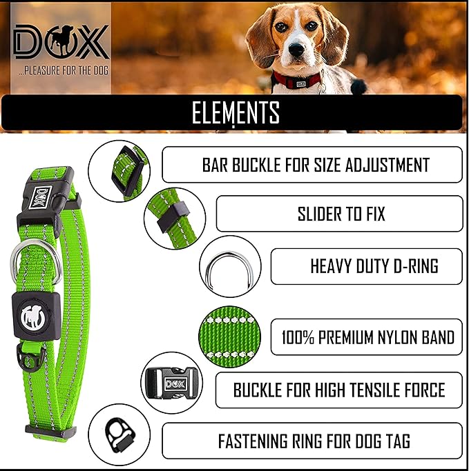 DDOXX Reflective Nylon Dog Collar - Strong and Adjustable Collars Dogs - S (Green)