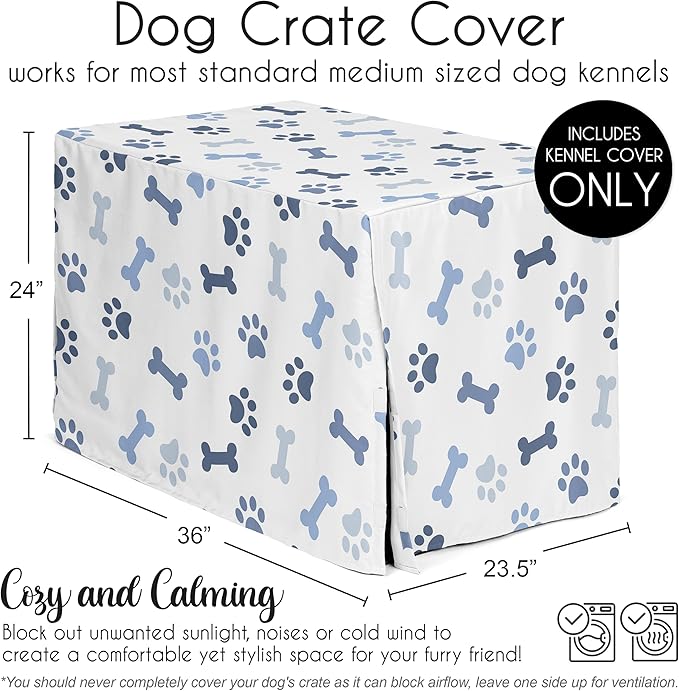 Sweet Jojo Designs 36in. Medium Dog Crate Cover (Bones and Paw Prints) for Boys Pet Cage, Kennel Covers (Modern, Cartoon, Doggy, Puppy, Neutral, Paws Print, Whimsical, Playful, Slate Navy Blue)