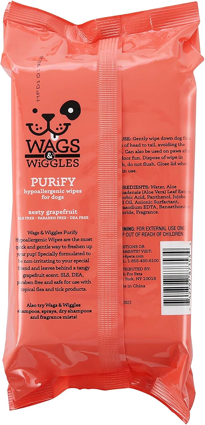 Wags & Wiggles Purify Hypoallergenic Wipes for Dogs Gently Clean & Condition Your Dog's Coat Without A Bath Zesty Grapefruit Scent Your Dog Will Love, (Pack of 1, 100 Count Total)