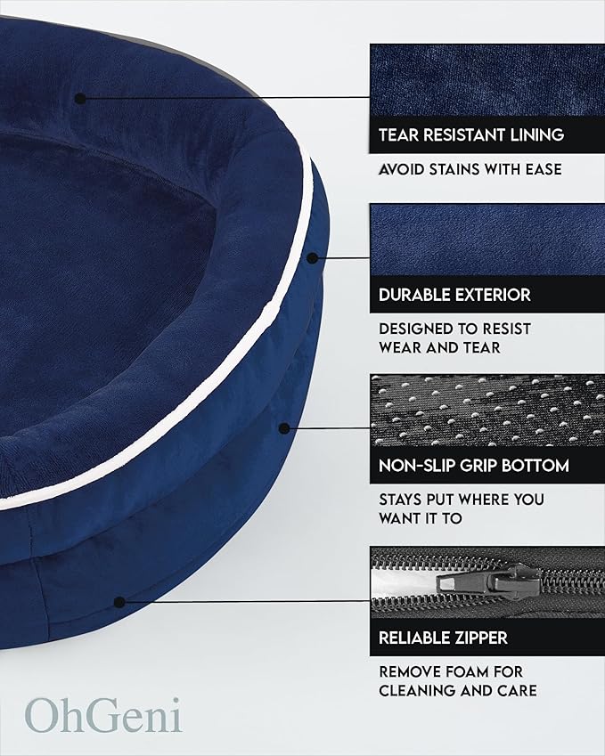 OhGeni Orthopedic Dog Bed for Large Dogs, Dog Couch Design with Egg Foam Support, Removable, Machine Washable Plush Cover and Non-Slip Bottom with Four Sided Bolster Cushion (Dark Blue)