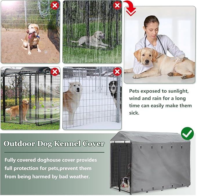 Outdoor Dog Kennel Cover Full Coverage Windproof Anti-UV 8'Dx4'Wx6'H.Waterproof Dog Kennel Cover for Multiple Brands of Dog Kennels,Cover Only,Grey.(Patent Pending)