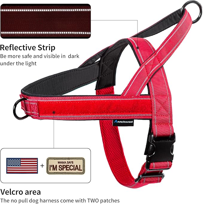 Annchwool No Pull Dog Harness with Soft Padded Handle,Reflective Strip Escape Proof and Quick Fit to Adjust Dog Harness,Easy for Training Walking for Small & Medium and Large Dog(Red,L)