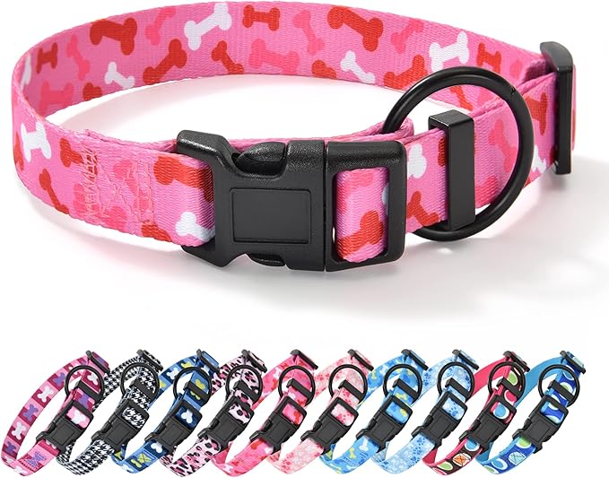 Mile High Life Dog Collar | Nylon Puppy Collars w Cute Patterns | Lightweight Girl Dog Collar | Boy Dog Collar for Small/Medium/Large Dogs (Pink Bone, Small)