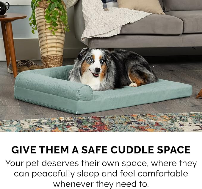 Furhaven Orthopedic Dog Bed for Medium/Small Dogs w/ Removable Bolsters & Washable Cover, For Dogs Up to 35 lbs - Pinsonic Quilted Paw L Shaped Chaise - Iceberg Green, Medium