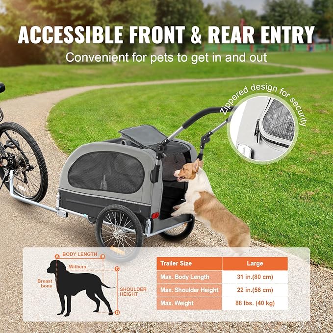 VEVOR Dog Bike Trailer, Supports up to 66/88/100 lbs, 2-in-1 Pet Stroller Cart Bicycle Carrier, Easy Folding Cart Frame with Quick Release Wheels, Universal Bicycle Coupler, Reflectors, Flag