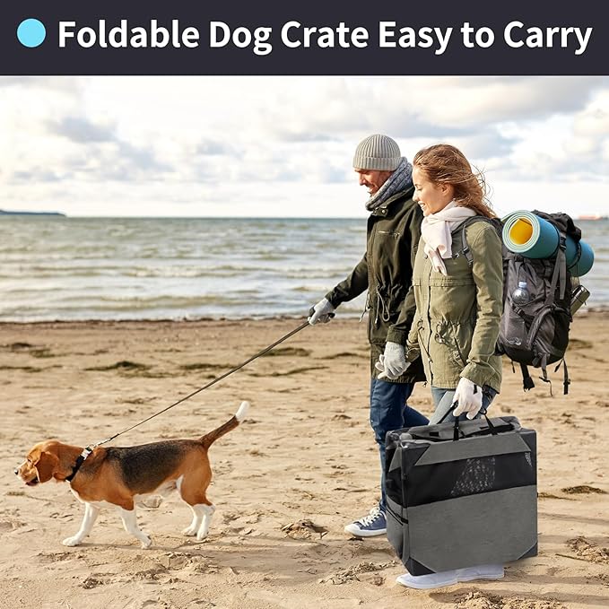 36 Inch Portable Travel Dog Crate, 3 Door Collapsible Soft Pet Kennel with Durable Mesh Windows for Medium Dogs, Foldable Dog Cage with Storage Pocket for Outdoor (Dark Grey)