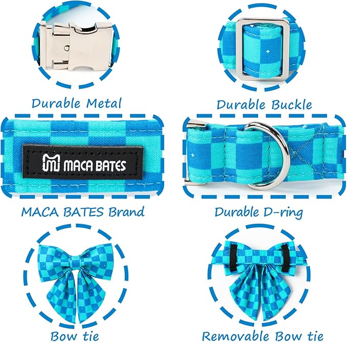 Maca Bates Plaid Blue Dog Collar with Checkered Bow Bowtie for Grid Dogs Bows Tie Adjustable Breakaway Collars Birthday Gift Colar for Small Medium Large XL Girl Boy Male Female Puppy Pets