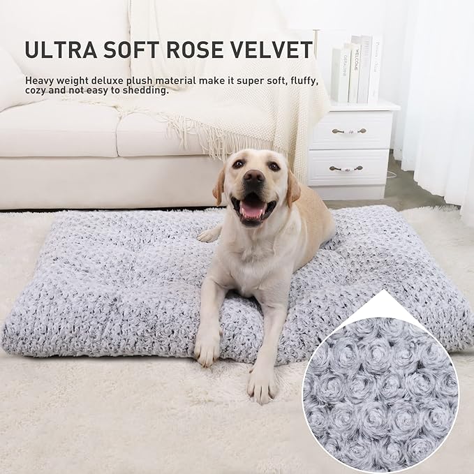 KSIIA Washable Dog Bed Deluxe Plush Dog Crate Beds Comfy Kennel Pad Anti-Slip Pet Sleeping Mat for Large, Jumbo, Medium, Small Dogs Breeds, 35" x 23", Gray