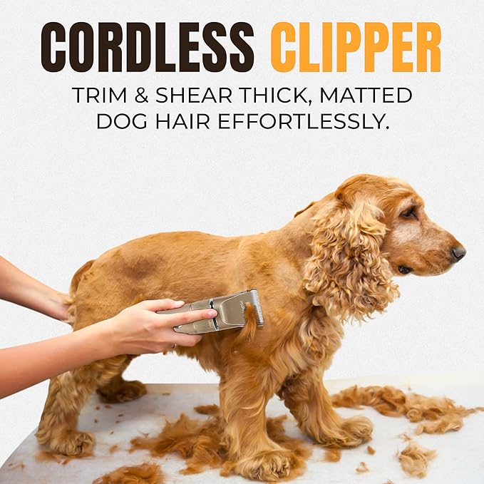Anti-Clogging Dog Hair Clipper – Cordless, Waterproof & Rechargeable Pet Grooming Trimmer for Thick Coats – Low Noise, High-Power Blade for Dogs & Cats (Gold)
