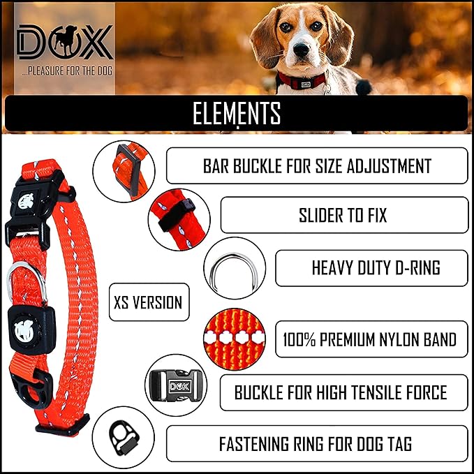 DDOXX Reflective Nylon Dog Collar - Strong and Adjustable Collars Dogs - XS (Orange)