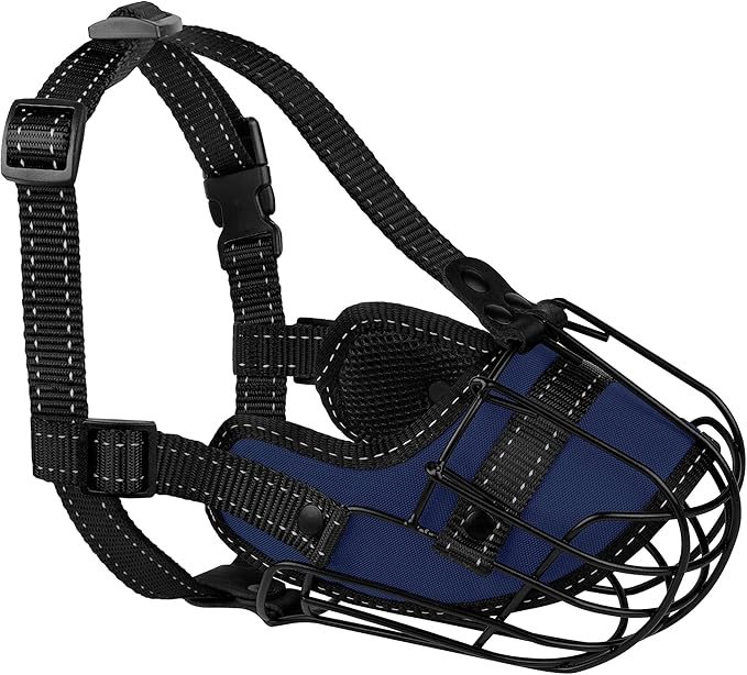 OOPSDOGGY Pitbull Dog Muzzle Reflective Metal Mask Secure Wire Basket Muzzle for Large Sized Dogs Amstaff Soft Cage Muzzle to Prevent Biting Chewing with Adjustable Nylon Straps (Blue, Pitbull)
