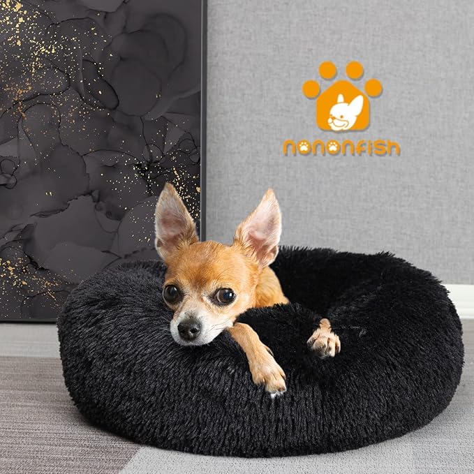 nononfish Puppy Beds for Small Dogs Washable 19” Black Calming and Anxiety Pet Beds Fluffy and Plush Durable Small Dog Bed