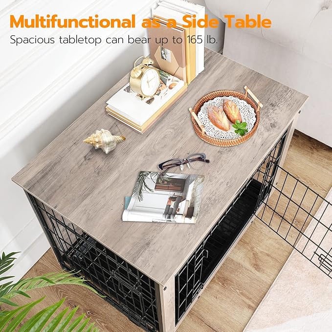 HOOBRO Dog Crate Furniture, 38.6" Large Dog Kennel Indoor, Wooden Dog Crate with Pull-Out Tray, Double Doors Dog House, Modern Side End Table for Small/Medium/Large Dog, Greige BG982GW03