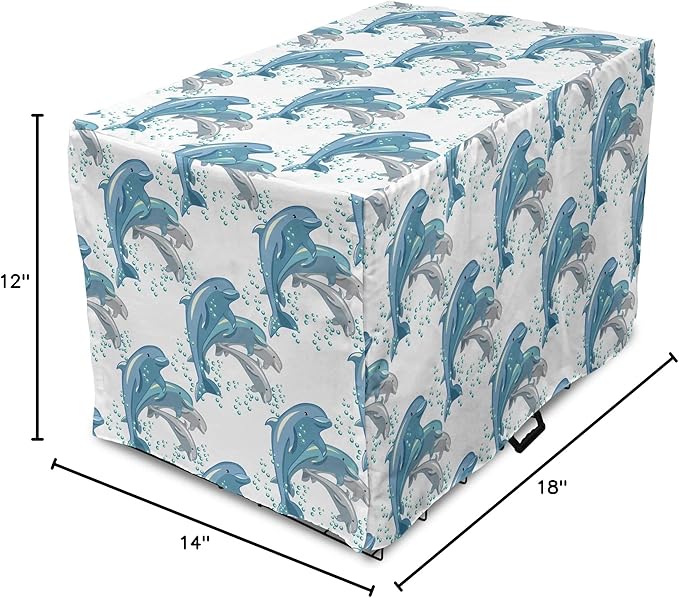 Lunarable Dolphin Dog Crate Cover, Happy Dolphins Jumping and Swimming in Deep Water Grey and Blue Mammals, Easy to Use Pet Kennel Cover for Small Dogs Puppies Kittens, 18 Inch, Blue Grey Slate Blue
