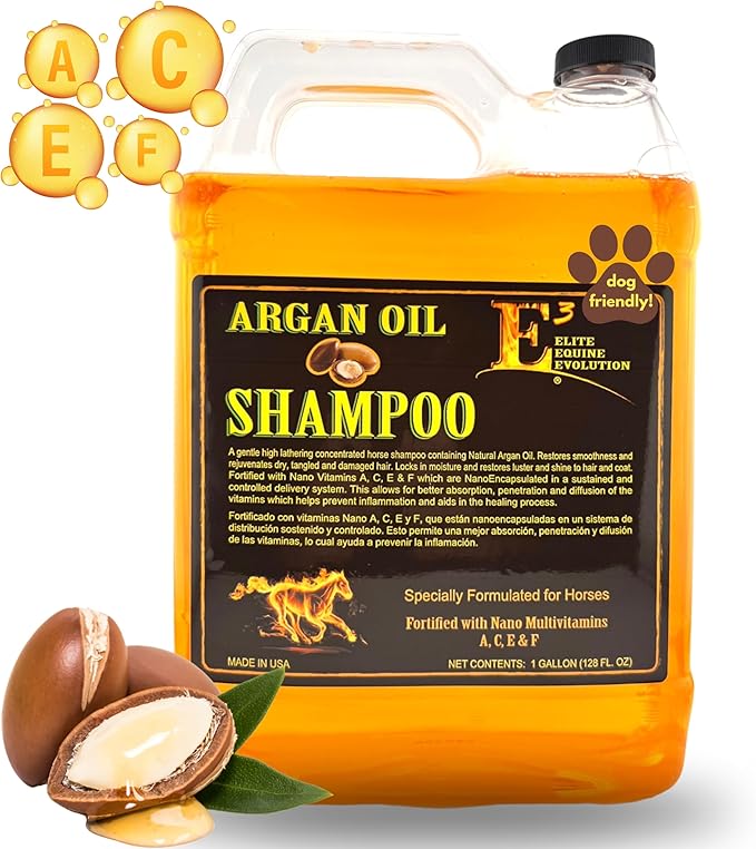 E3 Argan Oil Shampoo - Luxurious Pet Grooming Solution for Nourished & Rejuvenated Coat - Enriched with Hydrating Argan Oil for Lustrous Shine - Ideal for Horses - Deep Conditioning (1 gal), Brown