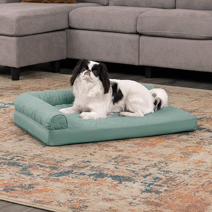 Furhaven Orthopedic Dog Bed for Medium/Small Dogs w/ Removable Bolsters & Washable Cover, For Dogs Up to 35 lbs - Pinsonic Quilted Paw L Shaped Chaise - Iceberg Green, Medium