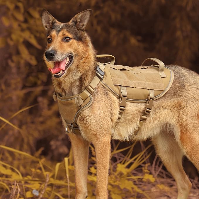 PET ARTIST [Upgrade] Tactical Dog Harness for Hiking Training, No Pull Vest Harness for Medium Large Dogs, with Pouches and Patches Brown, L