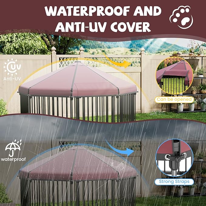 Large Dog Kennel Outside with Roof, Outdoor Dog Kennel with Metal Gate, Heavy Duty Hexagonal Dog Kennel with Lock for OuLarge Dog Kennel Outside with Roof, Outdoor Dog Ketdoor Backyard (4.9x4.9x3.6FT)