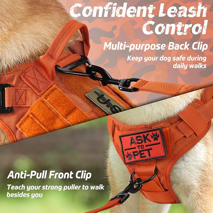 rabbitgoo Tactical Dog Harness for Large Dogs, Heavy Duty Dog Harness with Handle, No-Pull Service Dog Vest Large Breed, Adjustable Military Dog Vest Harness for Training Hunting Walking, Orange, L