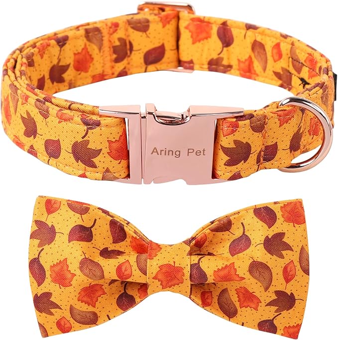ARING PET Fall Dog Collar-Cotton Maple Leaves Dog Collar with Bow, Adjustable Autumn Bowtie Dog Collars Pet Necklace with Metal Buckle for Girl&Boy Dogs