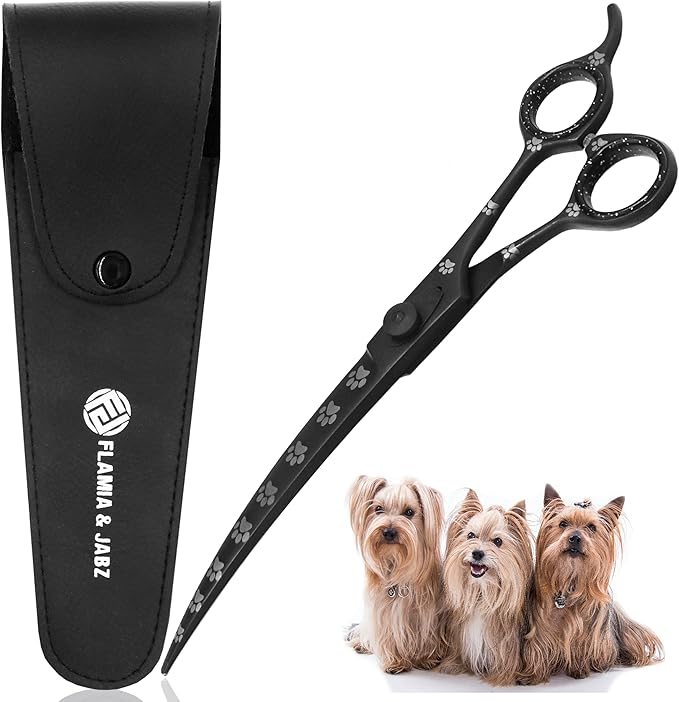 Professional Dog Grooming Scissors/Shears, Curved, with Paw Prints for Dogs, Cats & Pets (Right Handed, Black, Stainless Steel 8 Inch)