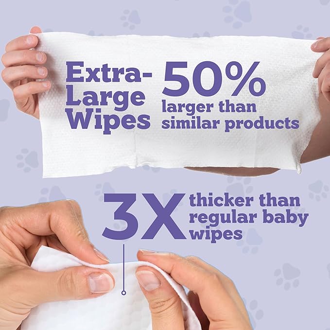 Pets XL Lavender Vanilla Pet Wipes-Deodorizing No Bath Cleaning for Dogs & Puppy Grooming | Ear, Face, Butt, Paw Wet Wipe | Enriched w/Aloe, Chamomile, Oat Amino Acids | Healthier Coat & Skin