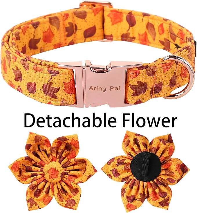 ARING PET Fall Dog Collar-Cotton Maple Leaves Dog Collar with Flower, Adjustable Autumn Leaves Dog Collars Pet Necklace with Metal Buckle for Girl&Boy Dogs