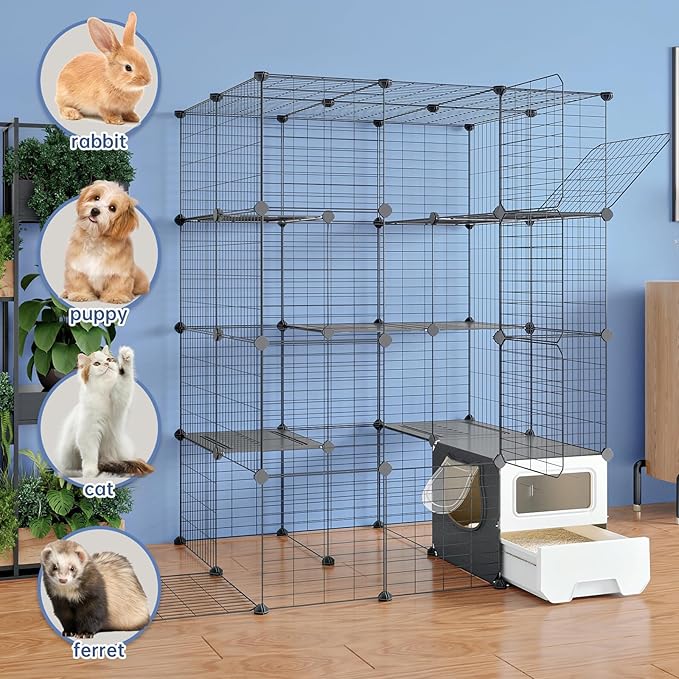 Oneluck Cat Cage with Litter Box, Large 4-Tier DIY Enclosures Detachable Metal Wire Kennel Indoor Crate Exercise Place Ideal for 1-3 Cats