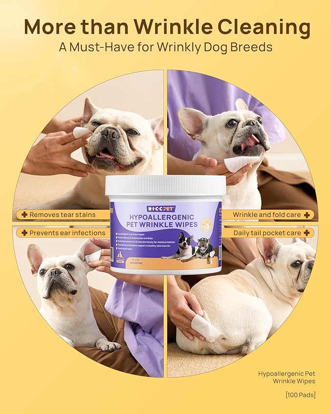 HICC PET Wrinkle Wipes for Dogs, 100 Count, Hypoallergenic Dog Wipes, Wrinkle Wipes French Bulldog, Deep Cleaning & Deodorizing, Dog Wipes for Grooming Faces, Paws & Butts