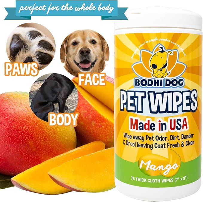 Bodhi Dog Pet Wipes - Grooming, Cleaning and Deodorizing Wipes for Dogs & Cats - No Parabens or SLS - Large, Thick, Wet Wipes - Wipe Away Pet Odors & Refreshes Coat - Mango Scent (75 Count)