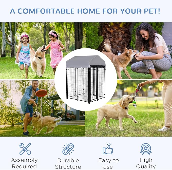 PawHut Outdoor Dog Kennel with Roof, 4' x 4' x 6' Heavy Duty Welded Wire Dog Playpen Enclosure with Escape-Proof Lock, UV-Resistant & Waterproof Cover, for Medium Dogs, Silver