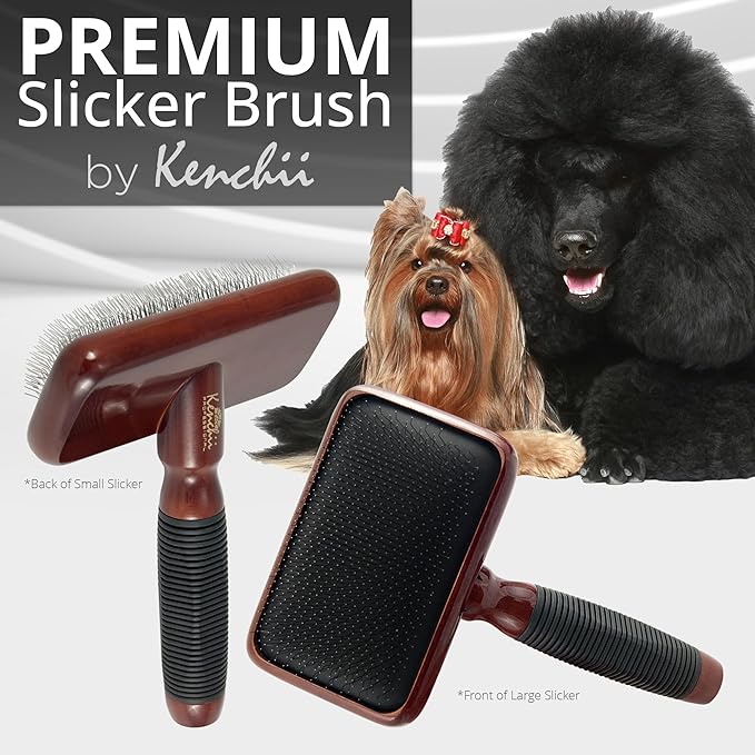 Kenchii Slicker Brush for Dogs, Professional Dog Grooming Brush for Loose Fur, Tangles, Long Short Haired, Stainless Steel Pins, Maplewood Handle (Medium)