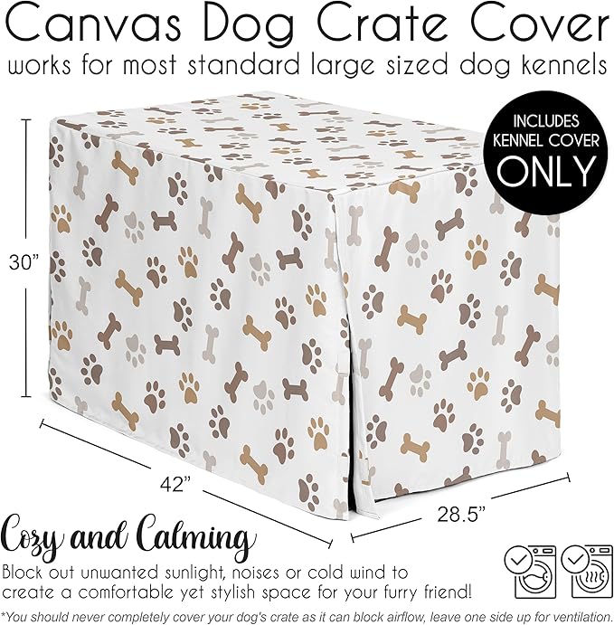 Sweet Jojo Designs Bone Paw Print Dog Crate Cover – Kennel Covers for 42 Inch Pet Cage Medium/Large - Neutral Grey Taupe Brown Modern Off White Gray Tan Puppy